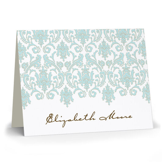 Aqua and Gold Damask Folded Note Cards